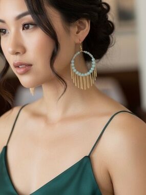 New Light Green/Blue Beaded Hoop Earrings with Gold Chains by Plunder Design